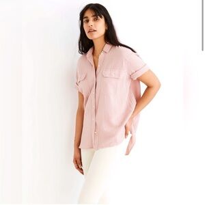 MADEWELL Lightspun Short-Sleeve Flap-Pocket Wisteria Dove Pink Button-Up Size S